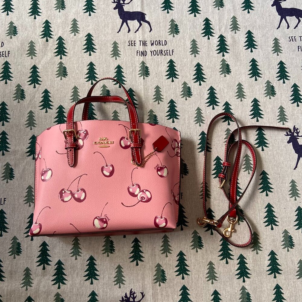 Coach Pink Cherry Print Leather Tote Shoulder Bag